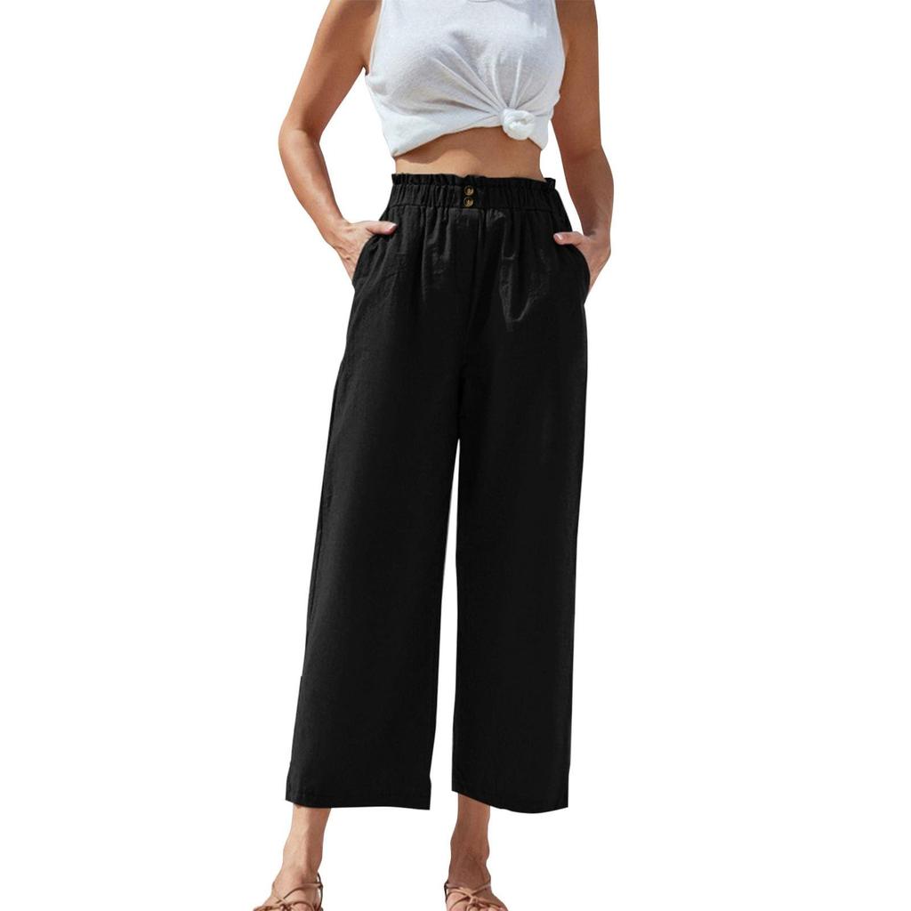 Women's High-waisted Ruffled Elastic Waist Cotton And Linen Cropped Casual Pants