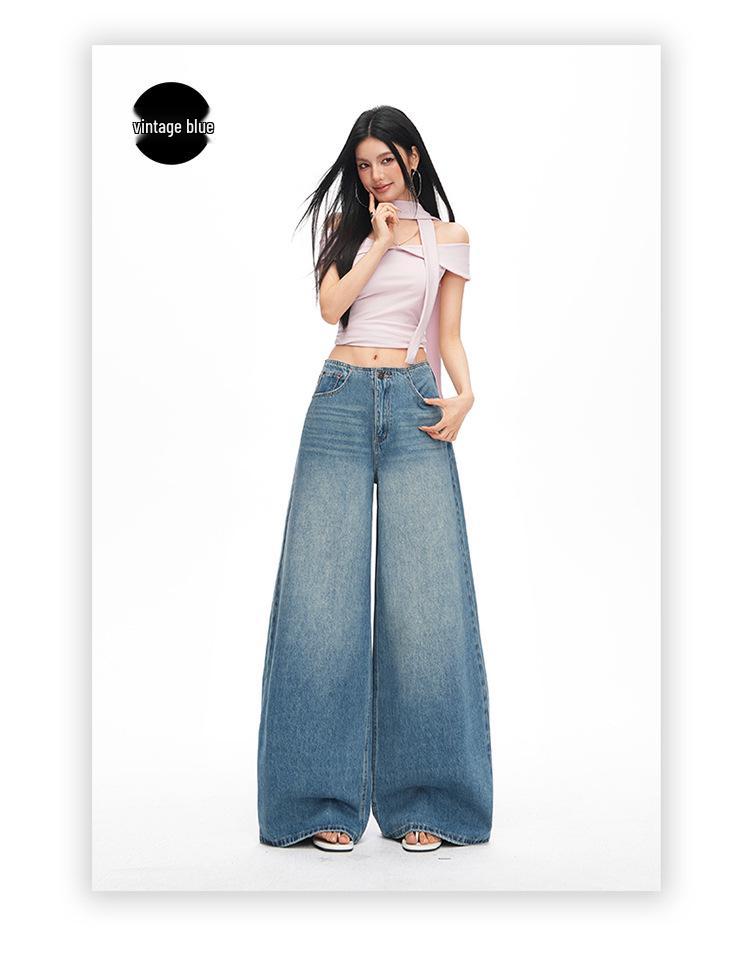 2026 Spring Women's Retro Wide-Leg Jeans: Waistless, Versatile, Loose, Slimming, Floor-Length Pants