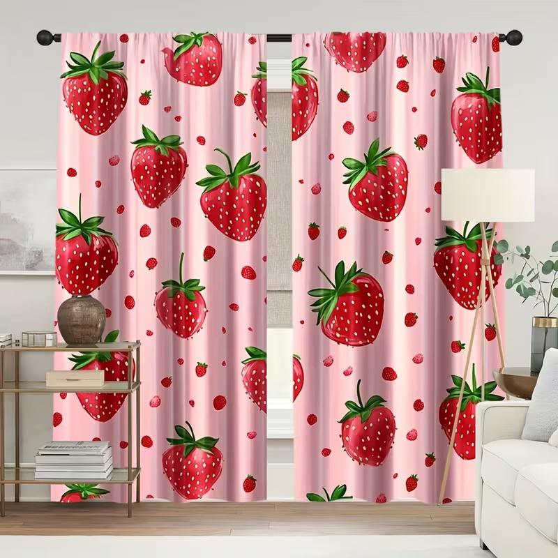 2Pcs Pink Strawberries Print Curtains,suitable for Bedroom,living Room Kitchen Decoration,home Decoration,window Decoration