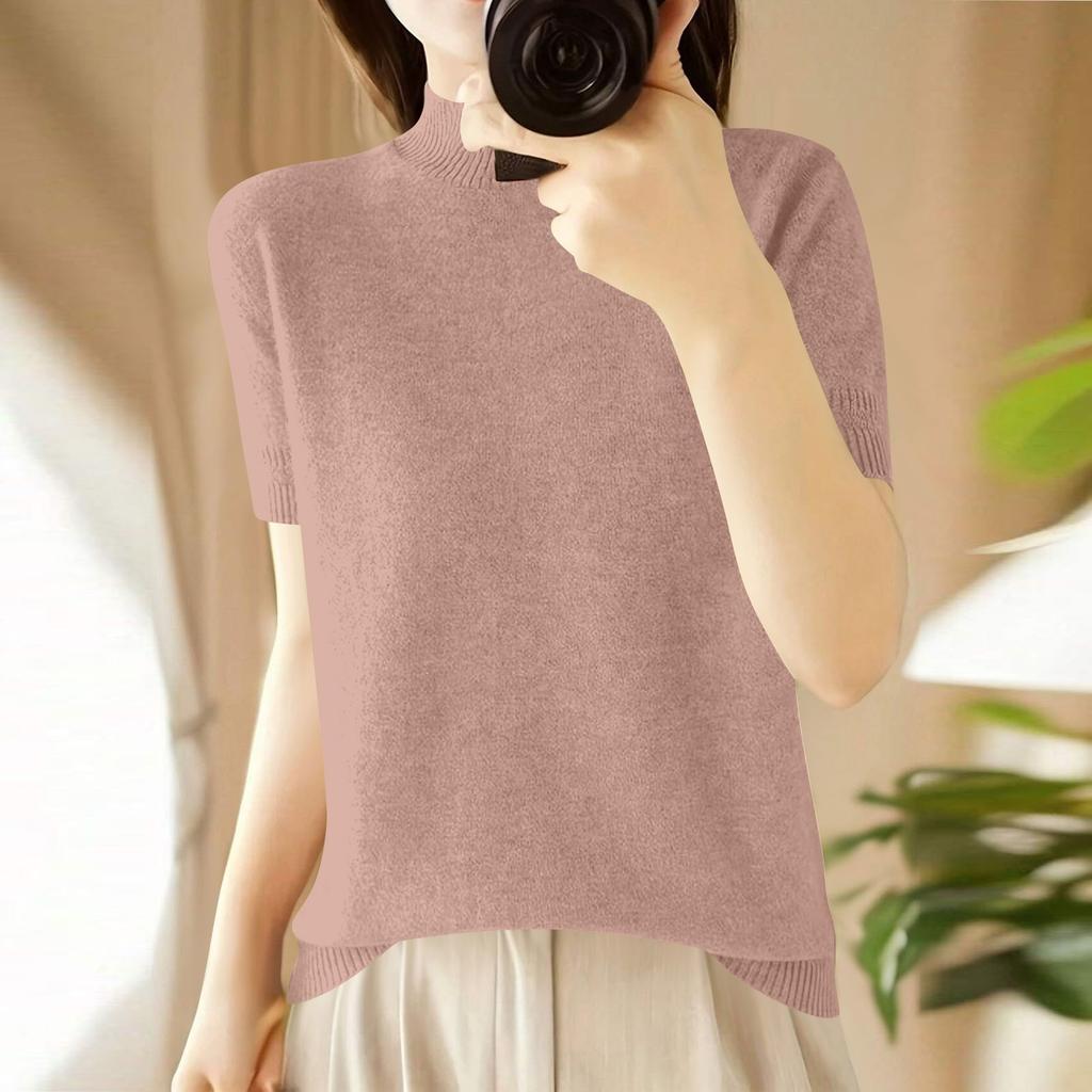 Women's Fashion Loose Knit Sweater Bottom Shirt Half High Neck Pullover Short Sleeve Solid Color Top