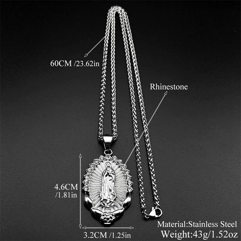 Catholic Virgin Mary Rhinestones Pendant Necklace for Women Men Stainless Steel Gold Color Our Lady of Guadalupe Chain Jewelry