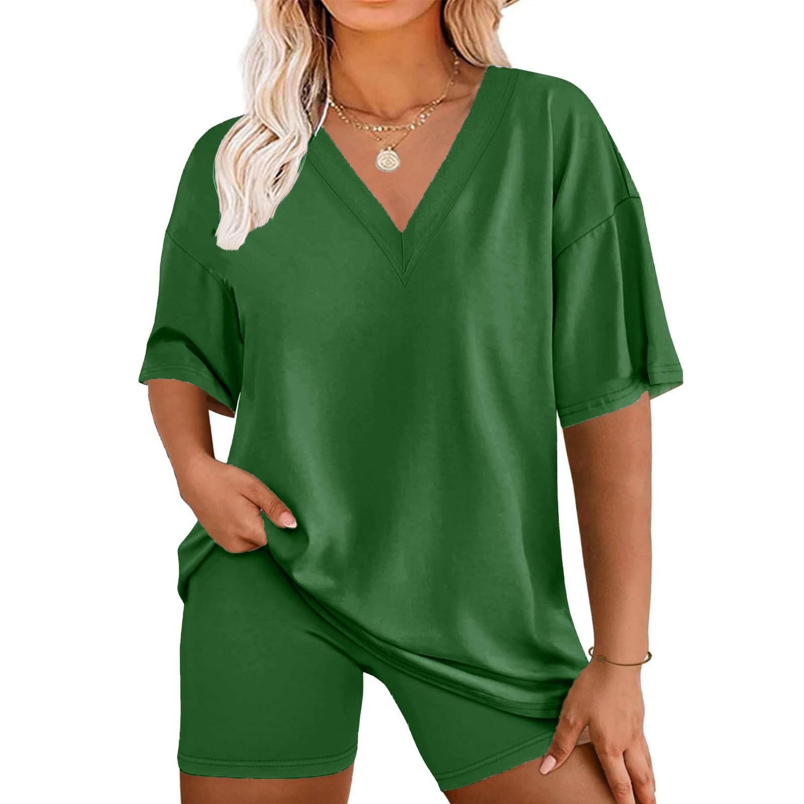 

Женский свободный модный однотонный топ с V-образным вырезом и короткими рукавами, шорты, комплект из двух предметов XL зелёный