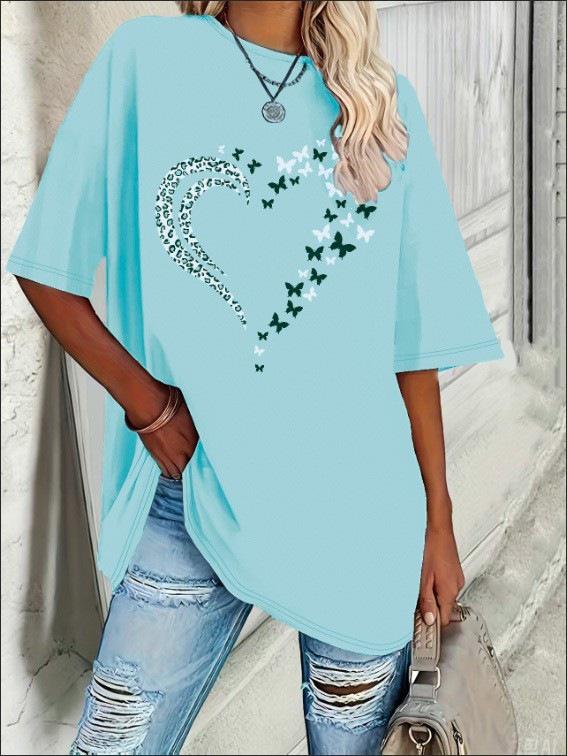 2026 New Plus Size Women’s Heart T-shirt - Round Neck Short Sleeve, Spring/Summer, Loose Fit 5XL