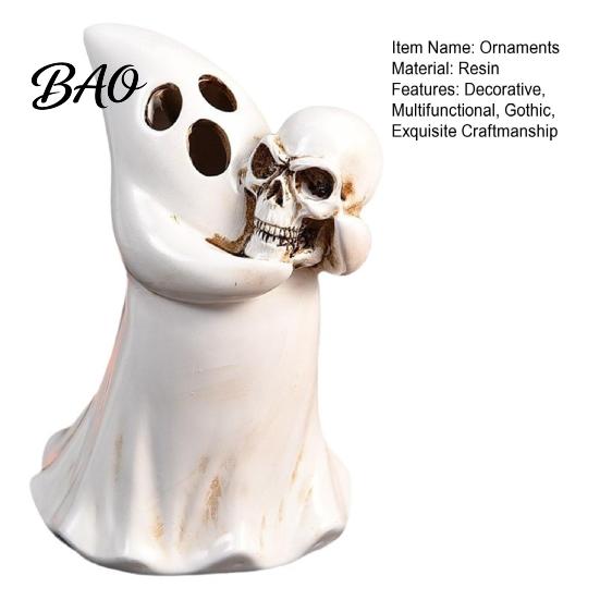 Decorative Light Holder Halloween Ghost Figurine with Skull, Resin Statue for Tabletop Decor, Retro Craft Gothic Ornament Home Desktop Window