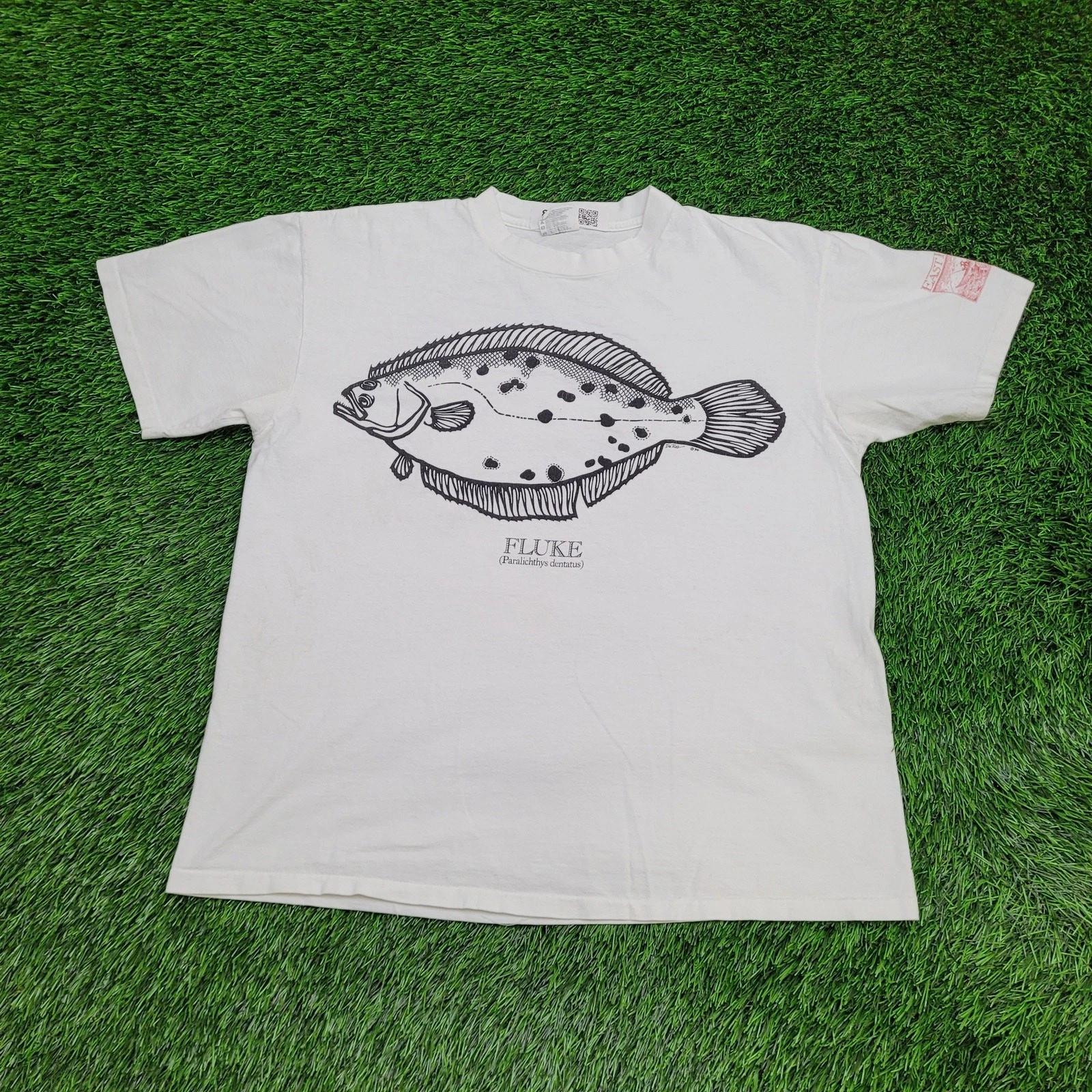 Vintage 1994 Fish Fishing Shirt M/L 21x25 White Flounder Fluke 2XL