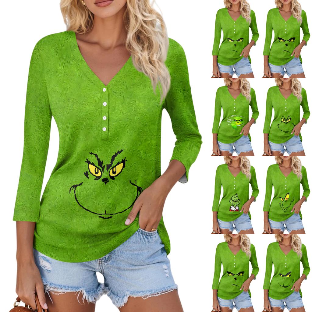 Women's Casual Fashion Sexy Comfortable Christmas Print V-Neck Button Three-quarter Sleeve Top