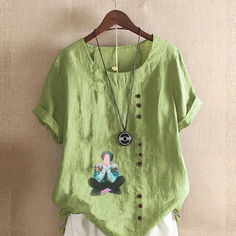 Women's New Fashion Linen Shirt Round Neck Short Sleeve Boy Printed T-shirt Summer Ladies Casual Plus Size Blouse Tops
