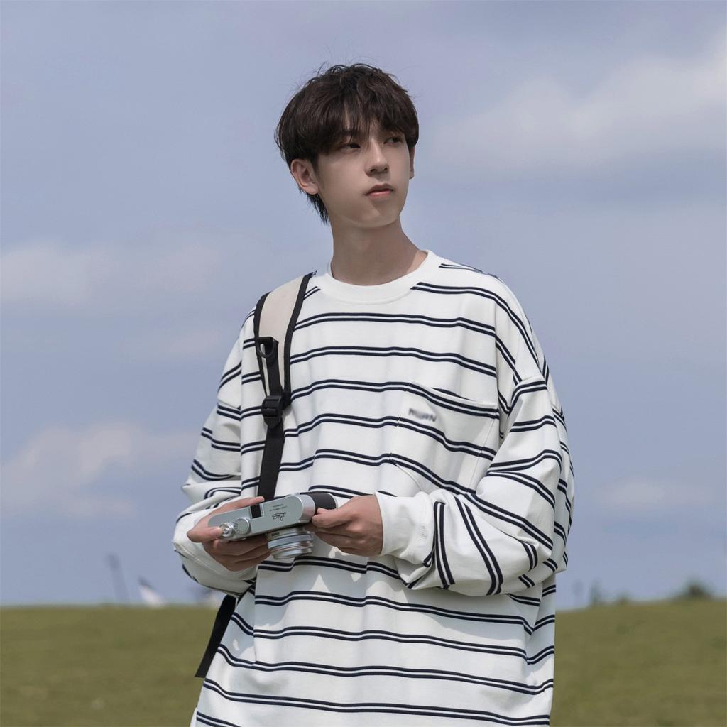 Autumn New Striped Long-Sleeved T-Shirt Men'S College Style Retro Trend Casual Crew Neck Bottoming Sweater