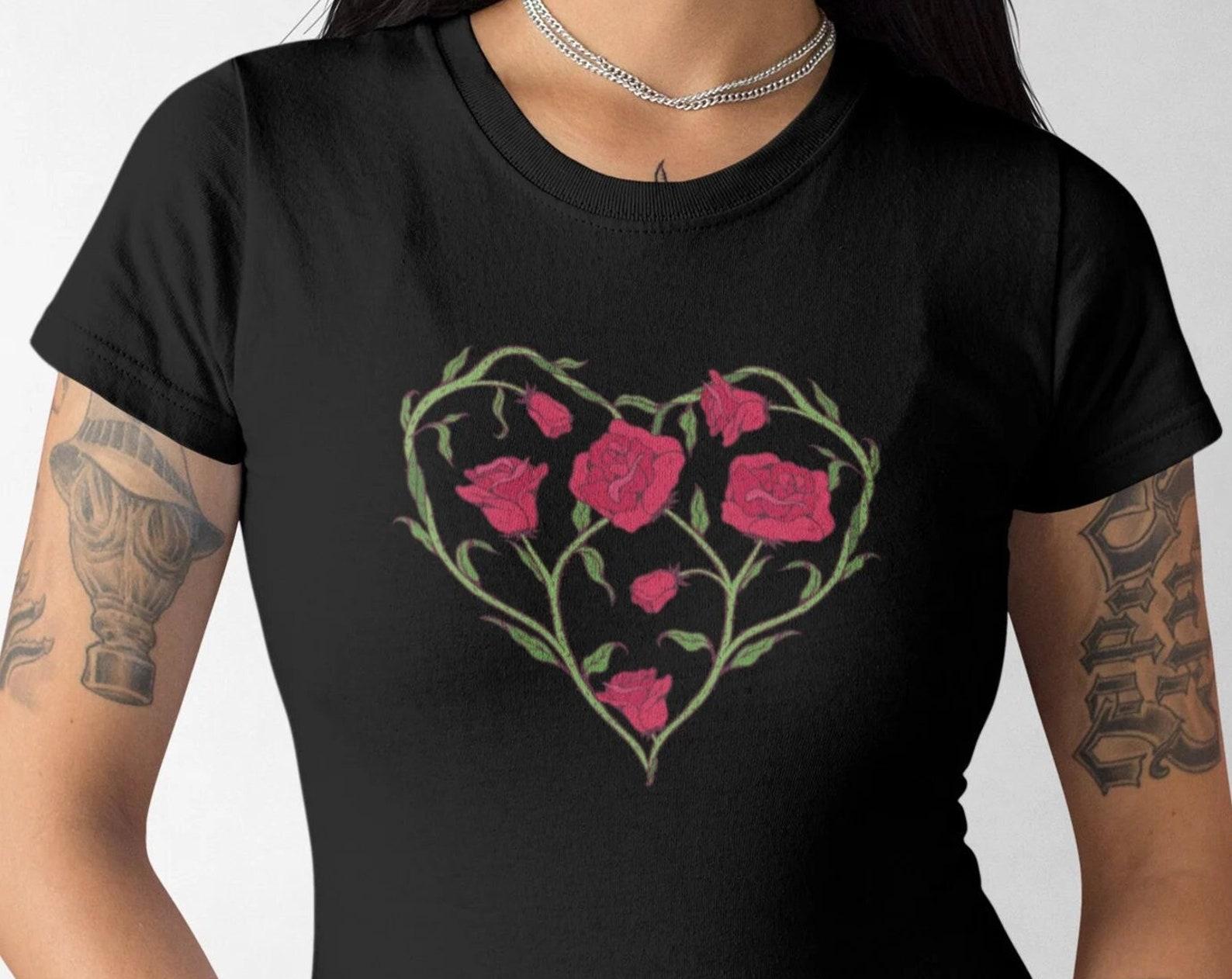 T-shirt women rose graphic plant nature shirt rose heart shape alternative woman shirt 4XL