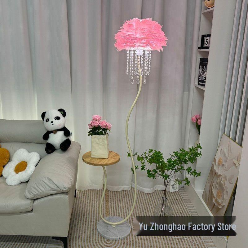 Elegant Crystal Feather Floor Lamp with Side Table Storage - Perfect for Living Room or Bedroom