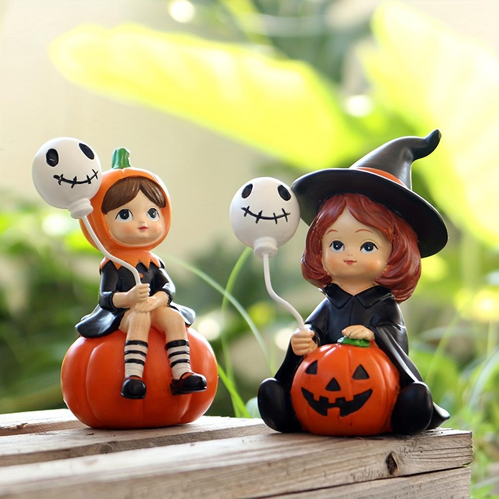 2pcs Halloween Pumpkin Witch Sister Figurines with Balloons, Resin Handheld Pumpkin Witch Girl Statue for Home Dining Table, Bookshelf Decor