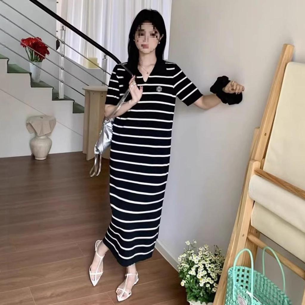 Women's Summer French Stripe Polo Dress - Short Sleeve, Embroidered, Knit, Stylish Loose Fit, Niche H-Line Design, New Arrival