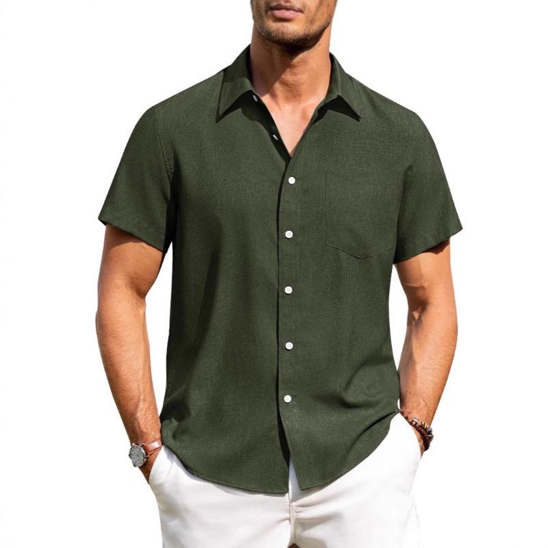 Mens Solid Color Short Sleeve Button Down Shirt Casual Spread Collar Top with Chest Pocket S зелёный
