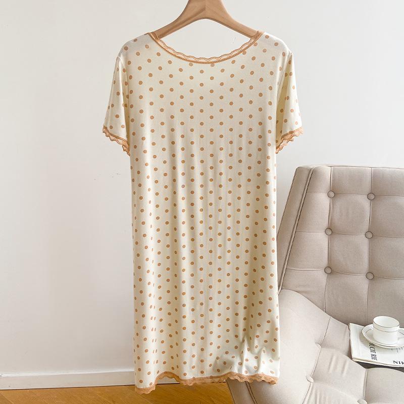 Polka Dot Girly Short Sleeve Modal Nightgown with Lace and Chest Pad