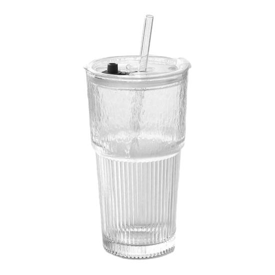 Ribbed Glass Cup with Lid And Straw, 600ml Large Capacity Iced Coffee Tumbler, Reusable Cold Drink Cup for Home Office Travel Use