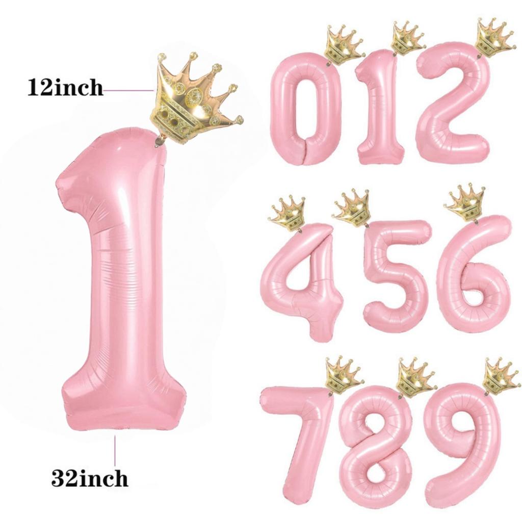 32/42inch Crown Decor Pink Aluminum Foil Digital Balloon Number Balloon For Birthday Party Decor Supplies Girls Birthday Favor