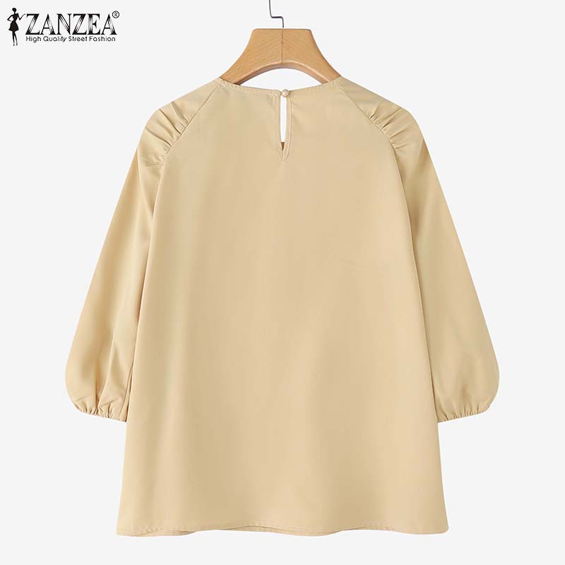 ZANZEA Women Casual Round Neck Solid Color 3/4 Sleeve Loose Blouse