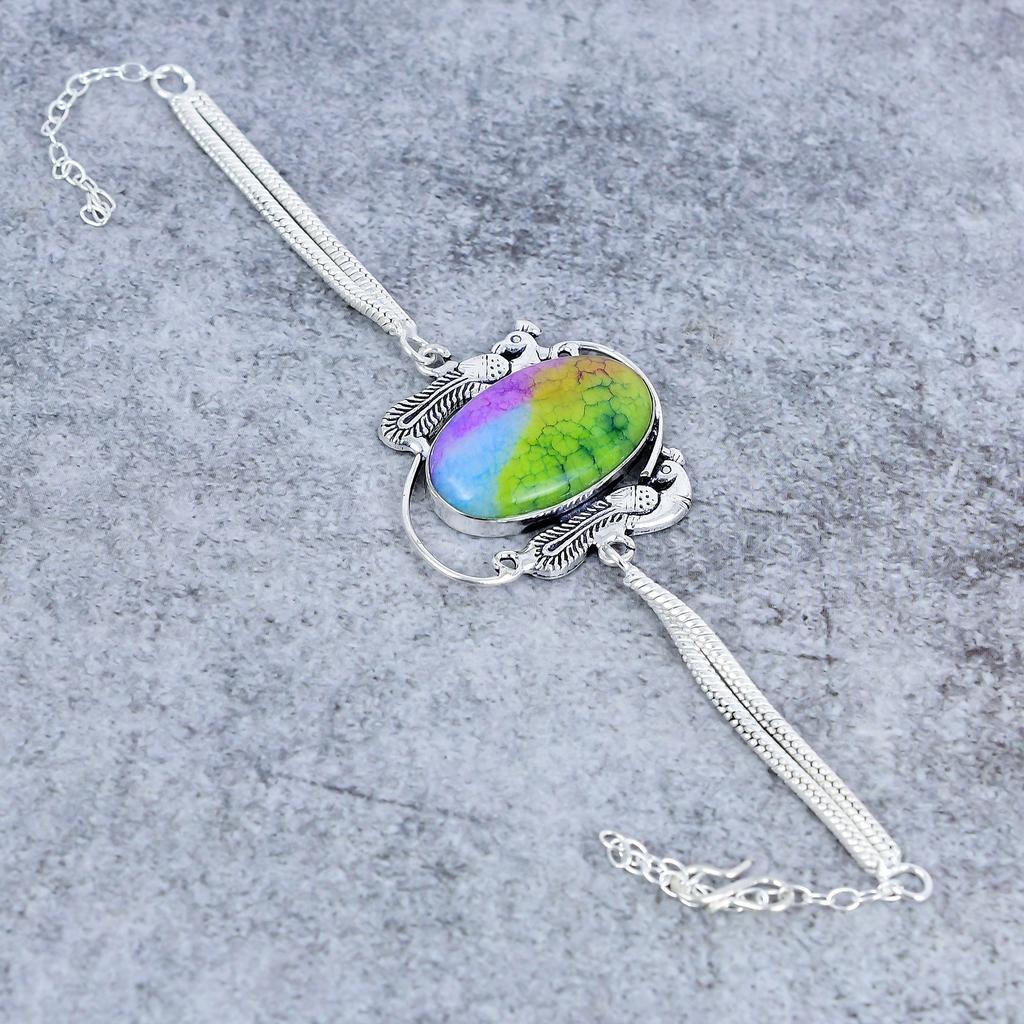 Rainbow Solar Quartz Gemstone Handmade 925 Sterling Silver Bracelet 7-8" M-2743