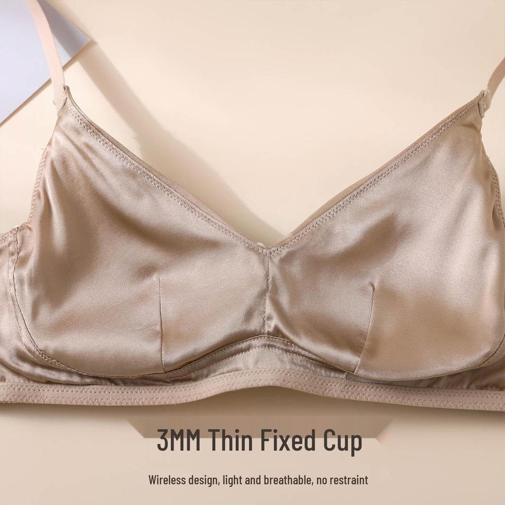 Mulberry Silk V-Neck Wireless Bra - Satin Smooth, High Side Support, Fashionable Color Block Design, Comfortable Fit.