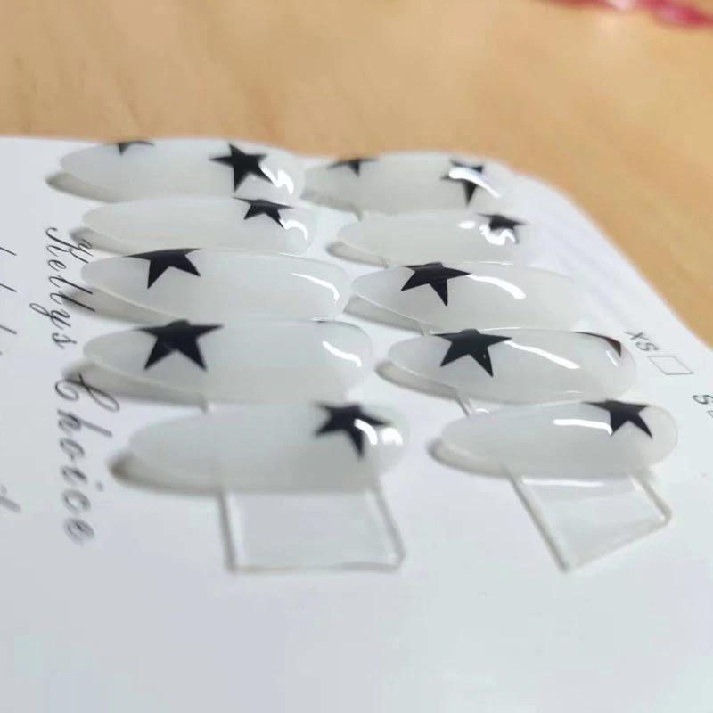 100% HANDMADE Almond Shape Artificial Nail Art White Background Black Pentagram Minimalist Nails Reusable and Removable Fake Nails