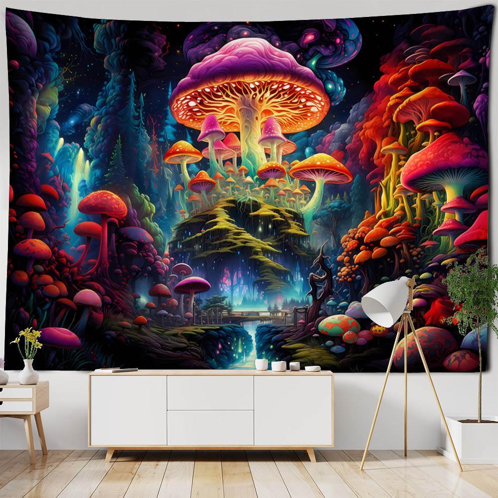 Psychedelic Landscape Tapestry Mushroom Forest Castle Wall Hanging for Bedroom Living Room Hippie Cartoon Home Decor