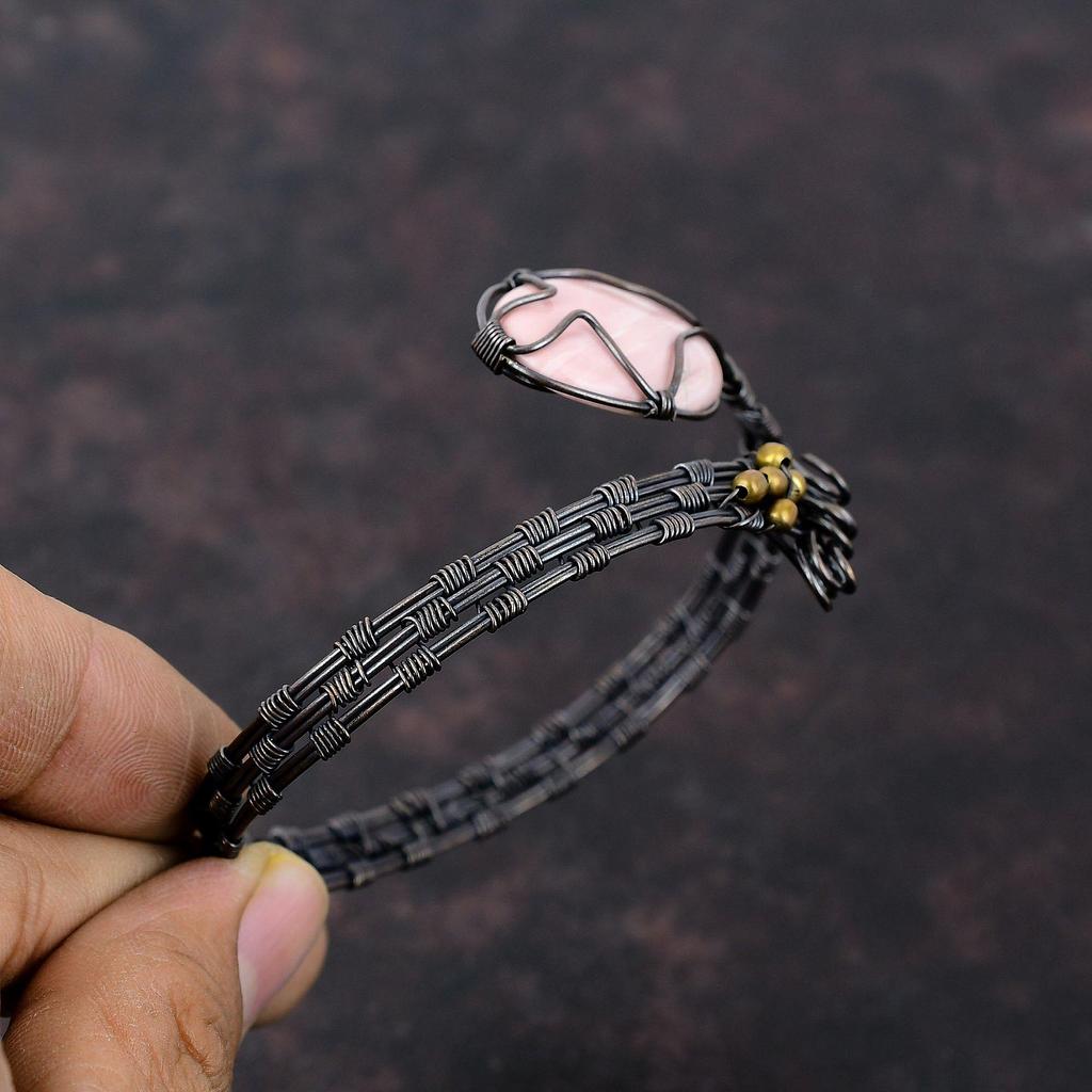 Pink Opal Bangle Copper Wire Wrapped Cuff Bracelet Adjustable Bangle Copper Wire Jewelry Handmade Cuff Natural Gemstone Bangle Gift For Mom