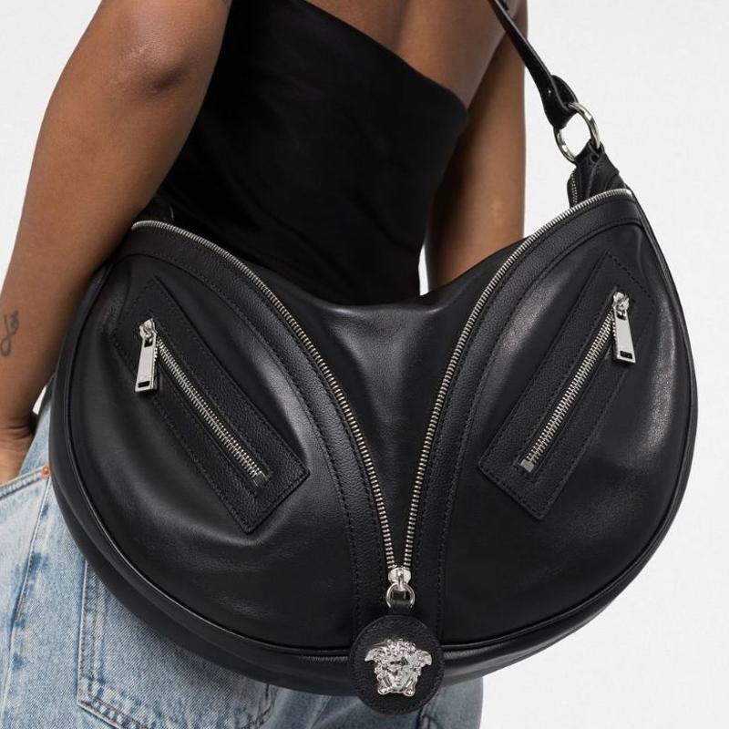 New VERSACE Cow Leather Crescent Bag Handbag, Shoulder Bag Women's Black 1007679-1A05878-1B00P
