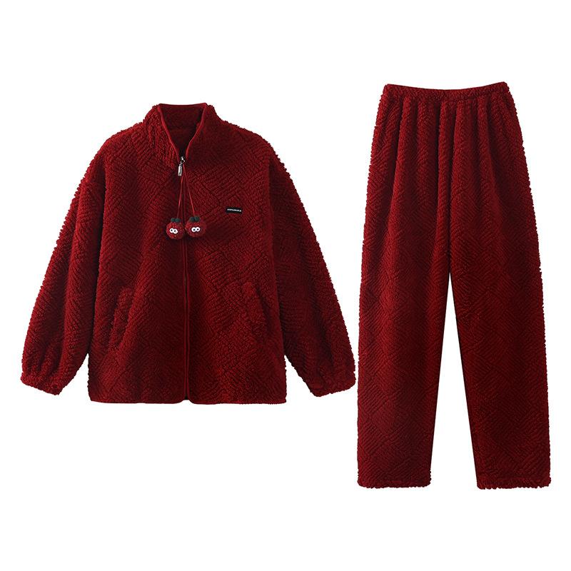 Pajamas Wedding Newlywed Couple Suit Autumn And Winter Coral Fleece Thickened Warm Natal Year Wedding Red Loungewear