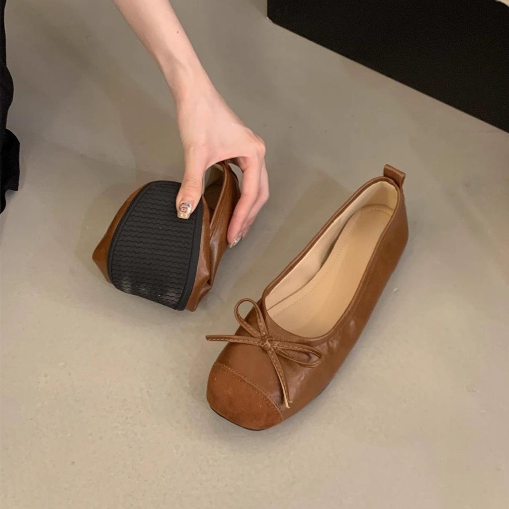 Round Head Shallow Mouth Single Shoes Women's Spring and Summer New Bow One Pedal Doudou Shoes Women's Soft Leather Grandma Shoes