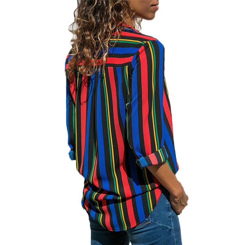 European & American Striped V-Neck Chiffon Long Sleeve Women's Top