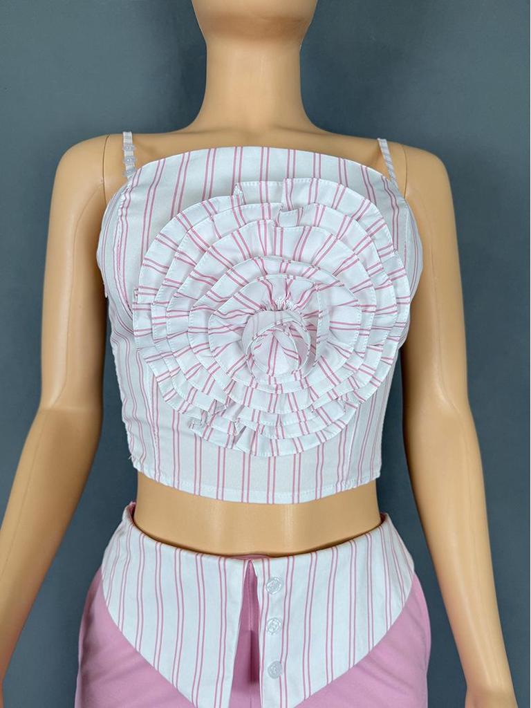 European-American Design Women's Striped Floral Tube Top & Straight-Leg Pants Set