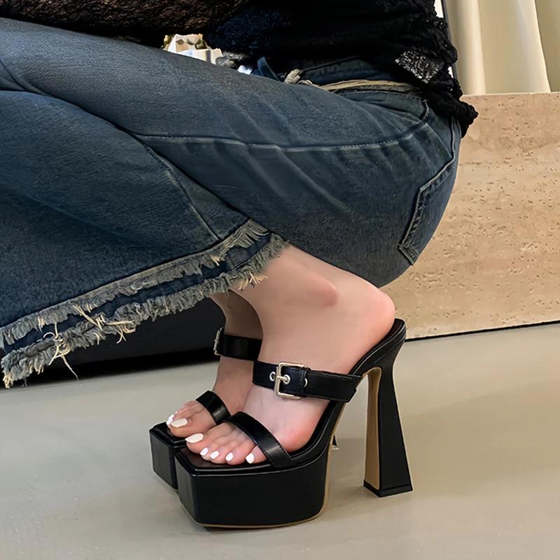 Modă Platformă Curea cu Cataramă Bandă Îngustă Vârf Decupat Papuci de Damă Stil Stradal Tocuri Înalte Pătrate Pantofi de Damă