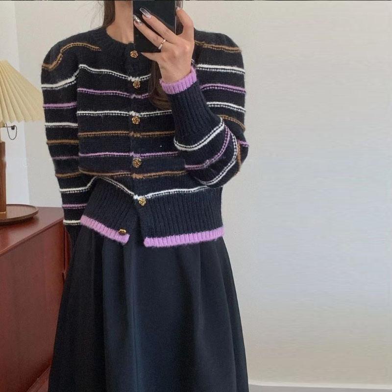 Cardigan Kontrast Stripete Genser Frakk Dame Vår og høst 2023 Løs koreansk versjon Lazy Knit Genser Cardigan Dame Topp