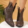 2025Block Heel Leather Boots New Round Toe Rhinestone Sleeve Non-slip Wear-resistant All-match Booties for Autumn and Winter