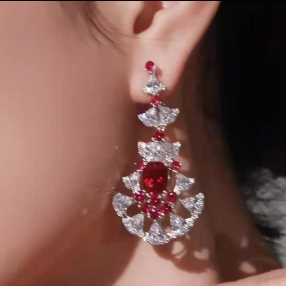 Elegant Feather Drop Earrings Imitation Mozambique Ruby Jewelry for Women