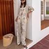 Printed Shirts Two Piece Set Women Long Sleeve Lapel Shirts High Waist Wide Leg Pants Suit for Women Home Wear Outfits Clothing