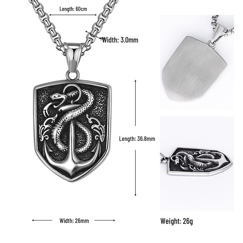 European & American Hip Hop Men's Steel Necklace: Dog Tag with Snake & Anchor, Non-Fading Sweater Chain