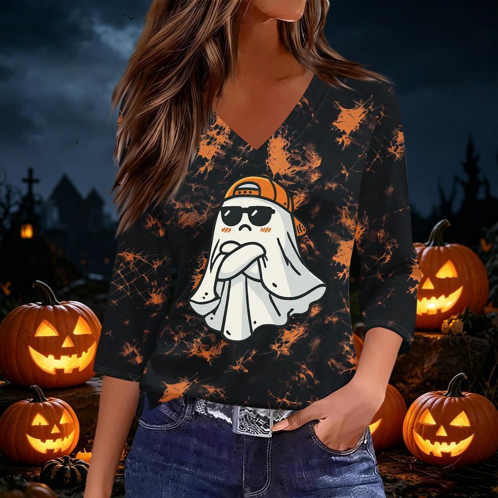 Women's Casual V-Neck 3/4 Sleeve Halloween Print Top for Party and Daily Wear