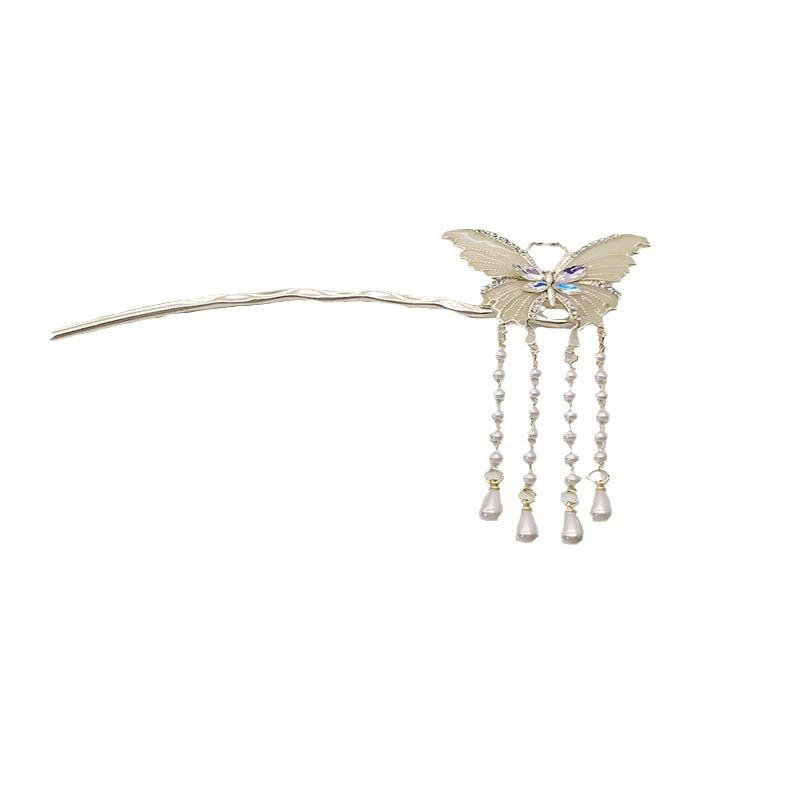 Sweet diamond-encrusted butterfly hairpin, high-end metal hairpin, new Chinese pearl fringed walking, ancient soft hairpin