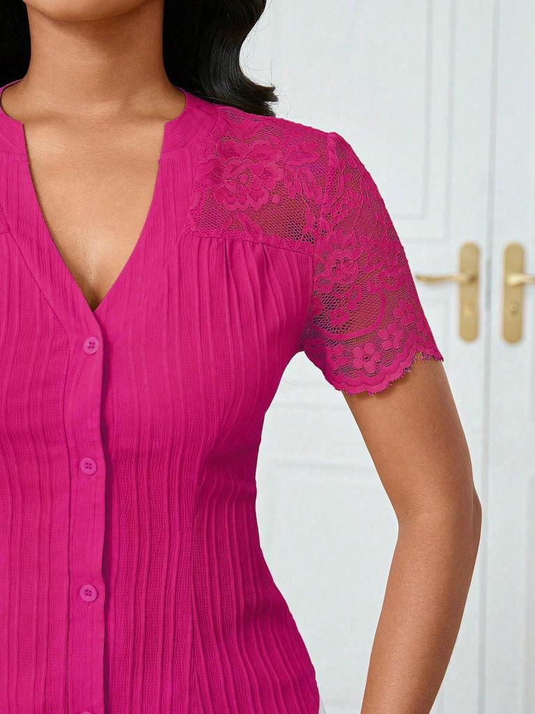 Women's Summer V-neck Embroidered Hollow Short-sleeve Shirt