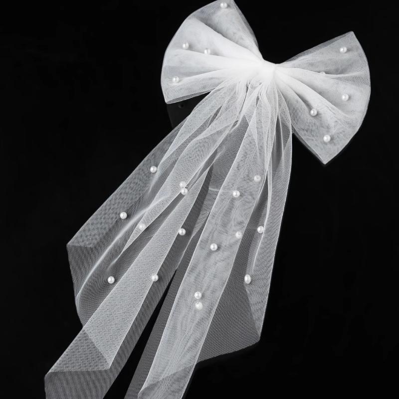 Pearl Decor White Tulle Bow Veil Hairpin Elegant Bridal Hair Clip Anti-slip for Wedding Banquet Prom Bridesmaid Present