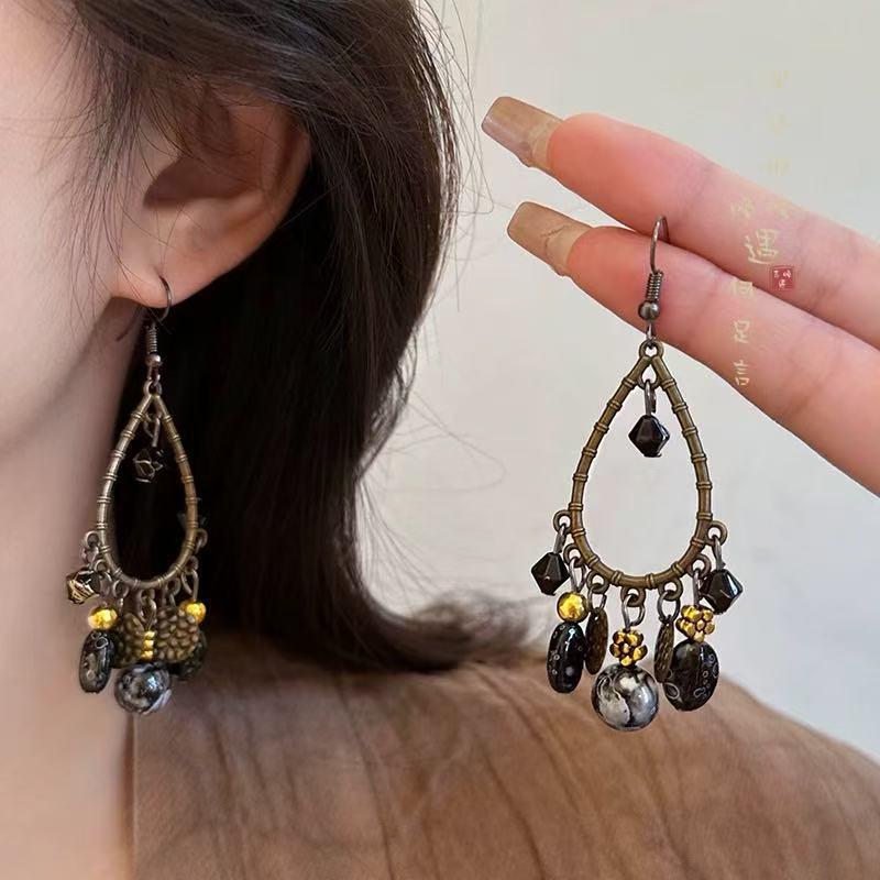 Silver Needle Retro Ethnic Style Rattan Woven Bead Drop Earrings