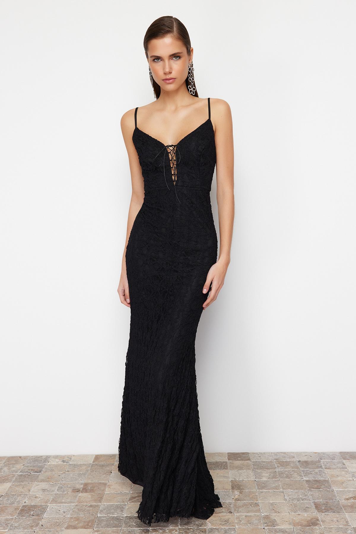 

Women s Fashion New Evening Dress & Graduation Dress Black Lace Long Evening Dress with Tie Detail