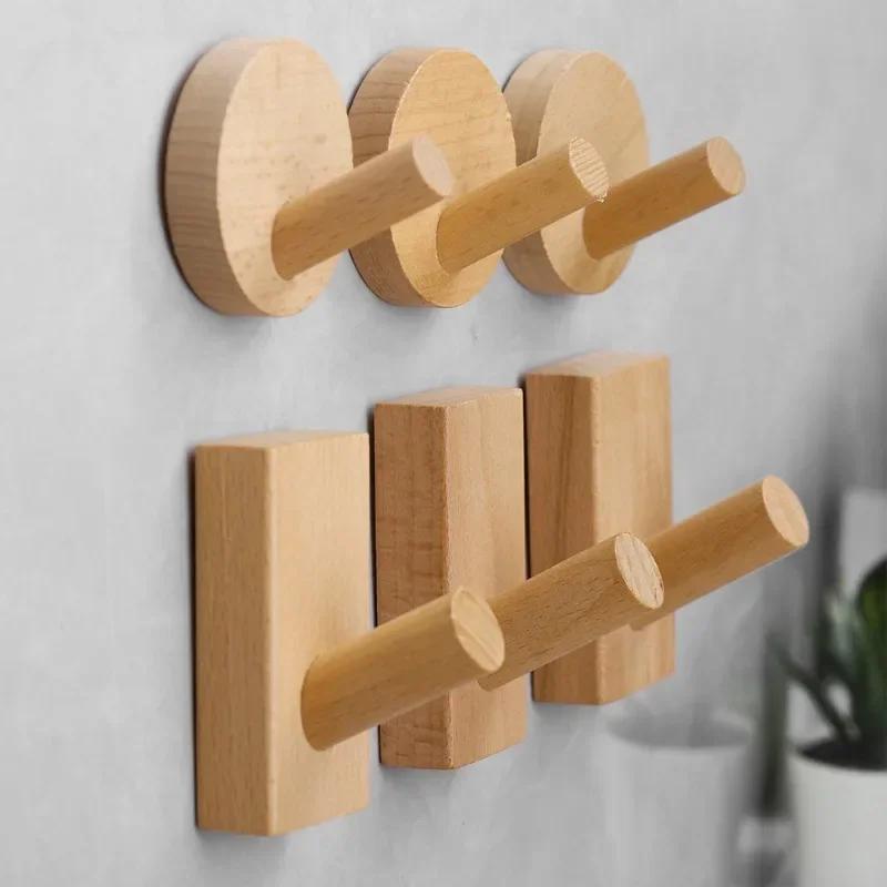 1/6PCS Punch Free Wall Hooks with Glue Wooden Round Square Bags Clothes Towels Hanging Hanger Home Bedroom Kitchen Storage Racks