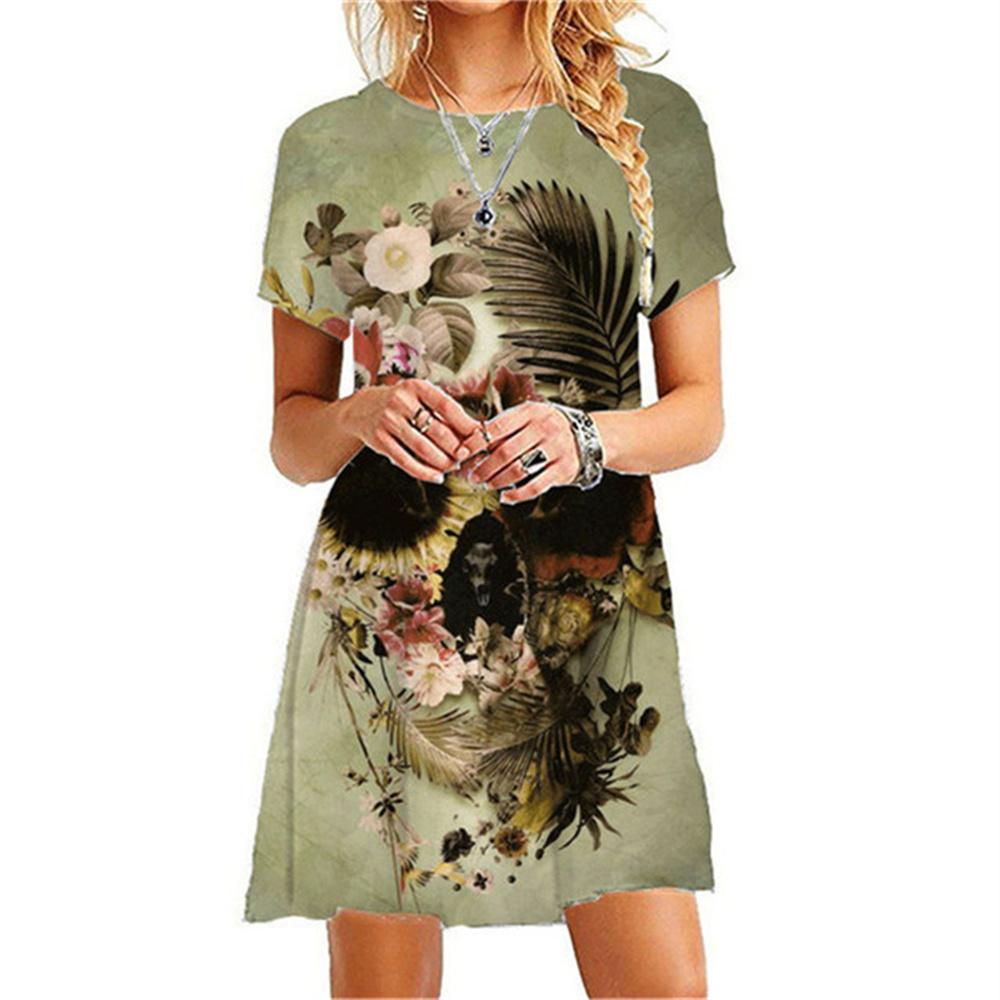 Sexy Slim Women's Dress Short Sleeve Skull Digital 3D Print Fashion V-Neck Women Clothes Summer Solid Color Casual A-line Dress