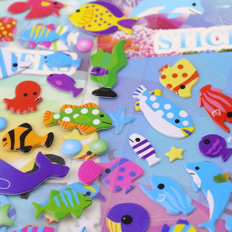 4 Sheets/Set Marine Life Cartoon Fish Stickers Baby Kids Cute 3D Bubble Puffy Sticker Scrapbook for Boy Girl Bedroom Decoration