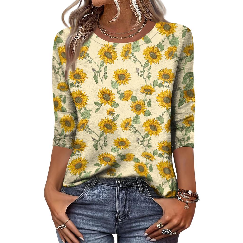 Moda damska Casual Okrągły dekolt Rękaw 3/4 Luźny T-Shirt z nadrukiem Damski top
