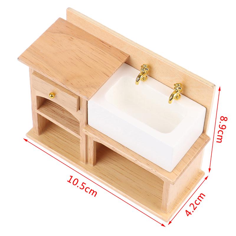 1/12 Wooden Wash Basin Cabinet with Ceramic Hand Sink Miniature Furniture Toys for Dollhouse Bathroom Kitchen Decoration