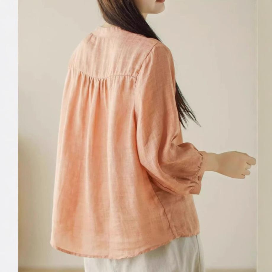 Summer Cotton Linen Casual Women's Blouse - Lightweight, Loose, and Slimming Seven-Sleeve Sunscreen Top