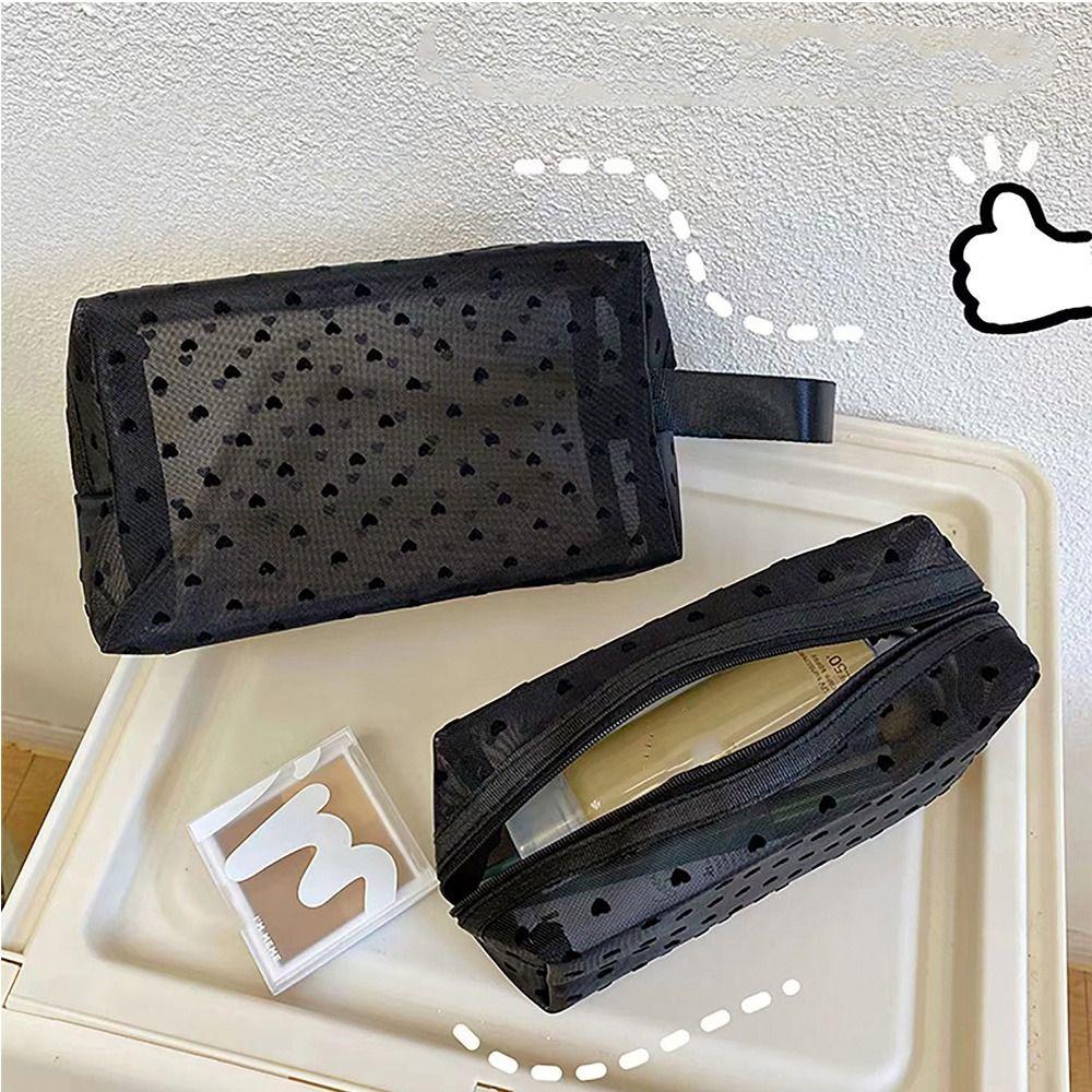 Large Capacity Love Heart Mesh Makeup Bag Zipper Transparent Cosmetic Bag Portable   Girls